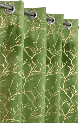 Decorfy 274 cm (9 ft) Long Door Velvet Room Darkening Curtain Single Curtain(Green, Floral)