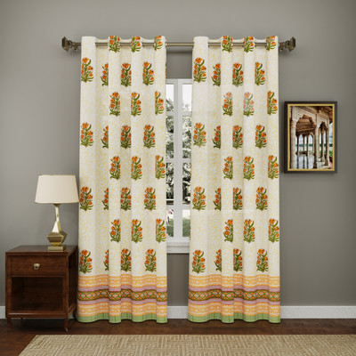 Blocks Of India 210 cm (7 ft) Door Cotton Semi Transparent Curtain (Pack Of 2)(Yellow, Printed)