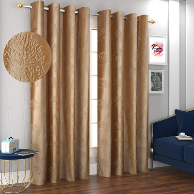 Kraftiq Homes 152 cm (5 ft) Polyester Semi Transparent Window Curtain (Pack Of 2)(Motif, Gold)