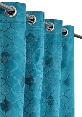 MbsHandloom 213.36 cm (7 ft) Door Velvet Blackout Curtain (Pack Of 2)(Aqua Blue, Geometric)