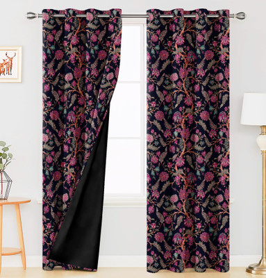 Ultimate Trends 213 cm (7 ft) Door Polyester Blackout Curtain (Pack Of 2)(Navy Blue & Pink, Floral)