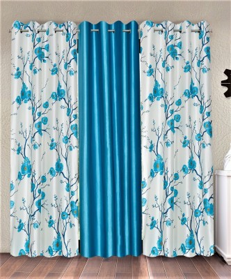 BELLA TRUE 274 cm (9 ft) Polyester Semi Transparent Long Door Curtain (Pack Of 3)(Floral, Aqua)