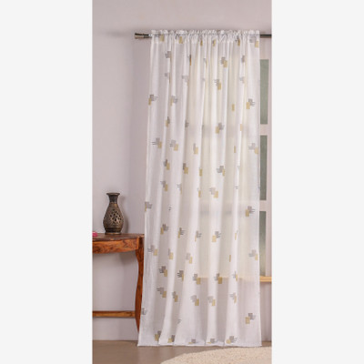 HOMEMONDE 182.88 cm (6 ft) Window Cotton Transparent Curtain Single Curtain(Box Print - Silver & Mustard, Printed)