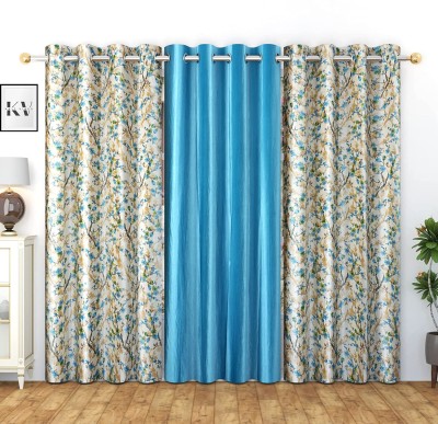 KNIT VIBES 152 cm (5 ft) Polyester Room Darkening Window Curtain (Pack Of 3)(Floral, Sky Blue)