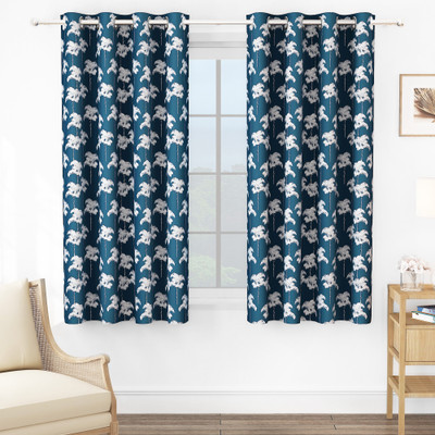Story@home 152 cm (5 ft) Window Jacquard Room Darkening Curtain (Pack Of 2)(Navy Blue, White, Printed)