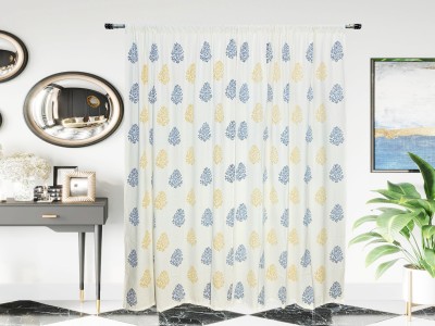 MDJONWALSDECOR 274 cm (9 ft) Cotton Semi Transparent Long Door Curtain (Pack Of 2)(Printed, Blue, MUSTRED)