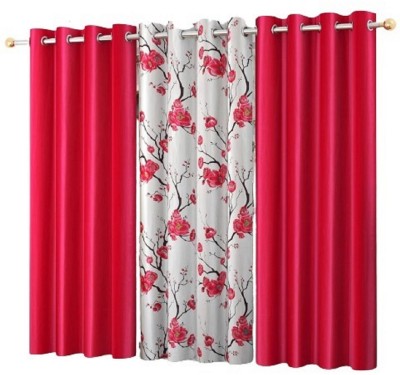 NAVSANG 152 cm (5 ft) Polyester Room Darkening Window Curtain (Pack Of 3)(Floral, Solid, 1 pc flower 2 pc plain pink)