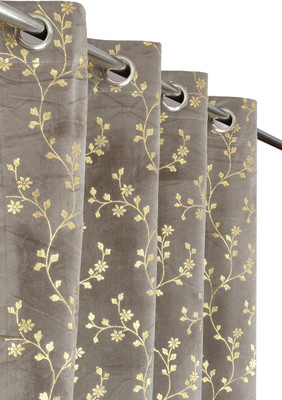 VELOURA 152.4 cm (5 ft) Window Velvet Room Darkening Curtain (Pack Of 2)(Grey, Floral)