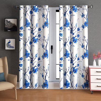 Lunar Days 274.32 cm (9 ft) Long Door Polyester Semi Transparent Curtain (Pack Of 2)(Blue, Floral)