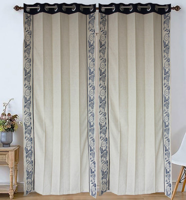 Dekor World 275 cm (9 ft) Long Door Cotton Semi Transparent Curtain (Pack Of 2)(Beige Blue, Embroidered)