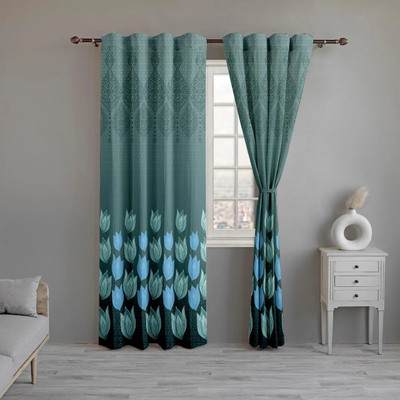 RootsCurtains 213.36 cm (7 ft) Door Polycotton Room Darkening Curtain Single Curtain(Blue, Floral)