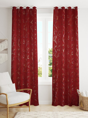 CARLTON LONDON 214 cm (7 ft) Polyester Blackout Door Curtain (Pack Of 2)(Printed, Fern-Garnet Maroon)