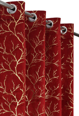 VELOURA 152.4 cm (5 ft) Window Velvet Room Darkening Curtain (Pack Of 2)(Maroon, Printed)