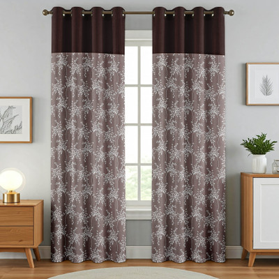 Kraftiq Homes 214 cm (7 ft) Polyester Semi Transparent Door Curtain (Pack Of 2)(Floral, Brown)