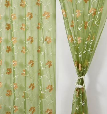 Homefab India 213.36 cm (7 ft) Door Polyester Transparent Curtain (Pack Of 2)(Green, Floral)