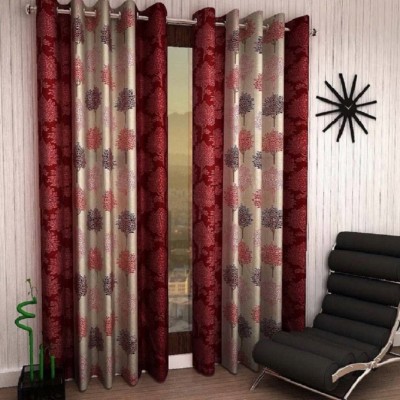 N2C Home 213 cm (7 ft) Polyester Semi Transparent Door Curtain (Pack Of 2)(Floral, Maroon)