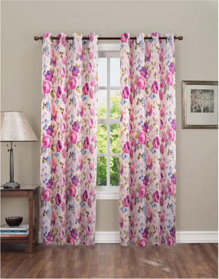 Go Gabana 153 cm (5 ft) Window Polyester Room Darkening Curtain (Pack Of 2)(White, Floral)
