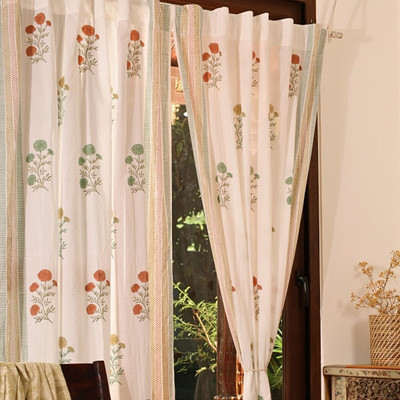 Peepul Tree 213.36 cm (7 ft) Door Cotton Semi Transparent Curtain Single Curtain(White, Teal, Mustard & Rust, Floral)
