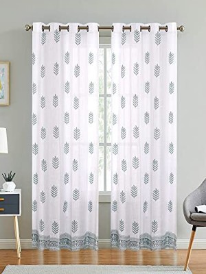 LINENWALAS 183 cm (6 ft) Cotton Transparent Window Curtain (Pack Of 2)(Printed, GREEN LEAF DESIGN)