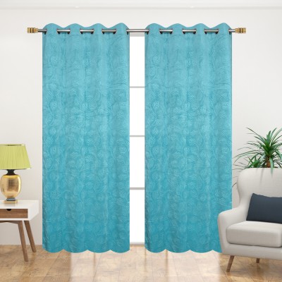 Impression Hut 274 cm (9 ft) Velvet Room Darkening Long Door Curtain (Pack Of 2)(Floral, AQUA)