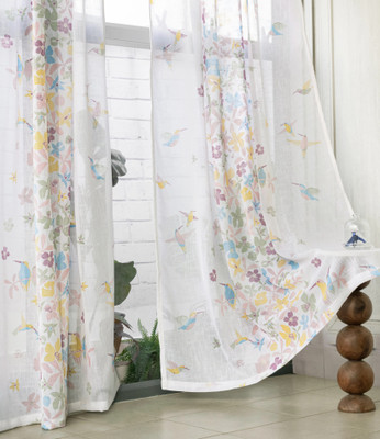 Tranquebar Curtain Co. 213 cm (7 ft) Door Polyester Semi Transparent Curtain (Pack Of 2)(Pink-Yellow, Floral)