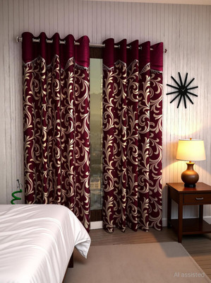Home Sizzler 153 cm (5 ft) Window Polyester Semi Transparent Curtain (Pack Of 2)(Maroon, Floral)