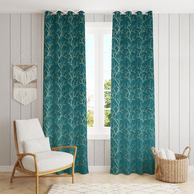 Decorfy 152 cm (5 ft) Window Velvet Room Darkening Curtain (Pack Of 2)(Aqua, Floral)