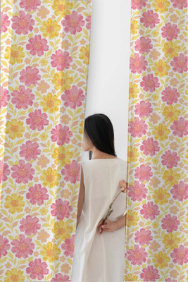 BBM 182 cm (6 ft) Shower Cotton Room Darkening Curtain (Pack Of 2)(Pink & Yellow, Printed)