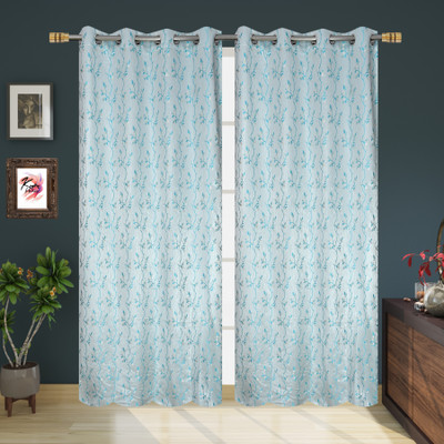 Kraftiq Homes 274 cm (9 ft) Long Door Jacquard Room Darkening Curtain (Pack Of 2)(Aqua, Floral)