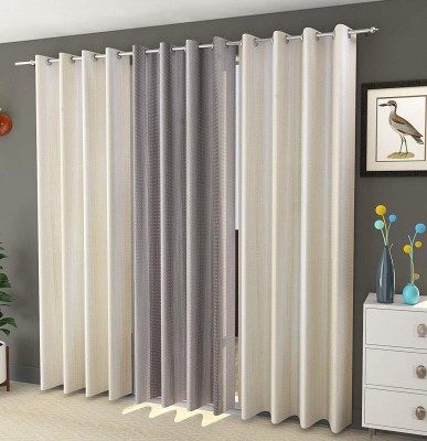 Brand Roots 272 cm (9 ft) Polyester Room Darkening Long Door Curtain (Pack Of 3)(Embroidered, Cream & Grey)