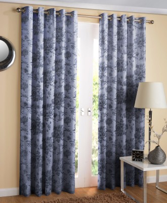 Cotton Trendy 274 cm (9 ft) Velvet Blackout Long Door Curtain (Pack Of 2)(Floral, Grey)