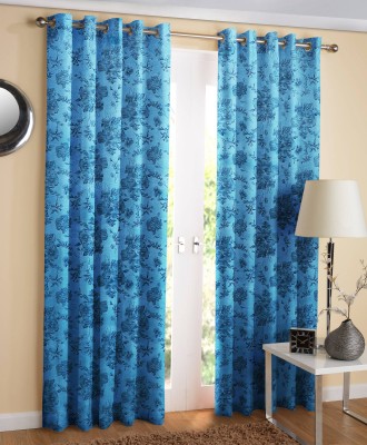 Cotton Trendy 213 cm (7 ft) Velvet Blackout Door Curtain (Pack Of 2)(Floral, Aqua)