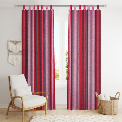 Lakshmifabric 202 cm (7 ft) Cotton Semi Transparent Door Curtain (Pack Of 2)(Striped, ROSE RED)