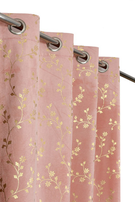 VELOURA 213.36 cm (7 ft) Door Velvet Room Darkening Curtain (Pack Of 2)(Pink, Floral)