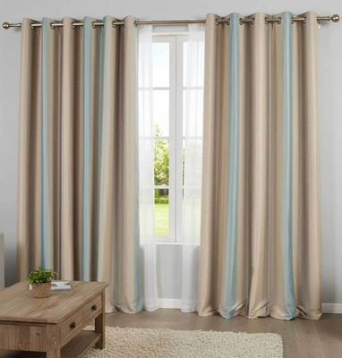 UBH 153 cm (5 ft) Window Polyester Semi Transparent Curtain (Pack Of 2)(Ombrae striped blue grey beige faux silk curtains, Striped)