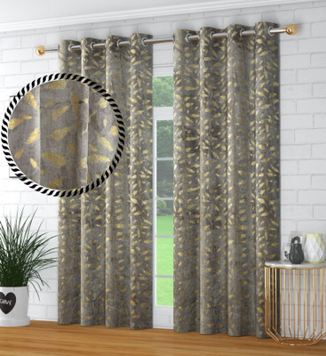 VELOURA 274.32 cm (9 ft) Long Door Velvet Room Darkening Curtain (Pack Of 2)(Grey, Floral)