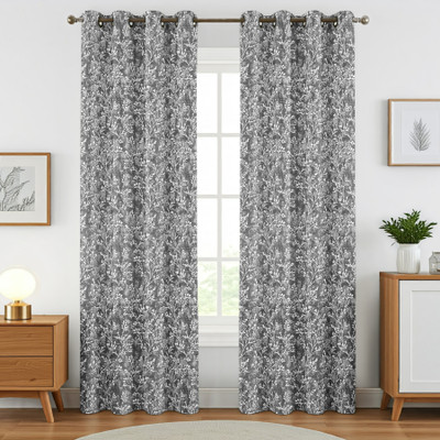 Homefab India 213.36 cm (7 ft) Door Polyester Room Darkening Curtain (Pack Of 2)(Grey, White, Floral)