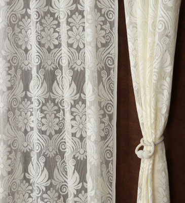 Homefab India 152.4 cm (5 ft) Polyester Transparent Window Curtain (Pack Of 2)(Floral, Cream Damas)