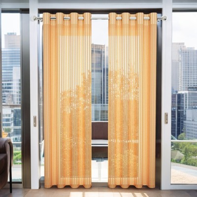 Kingly Home 213.36 cm (7 ft) Polyester Semi Transparent Window Curtain (Pack Of 2)(Floral, Gold)