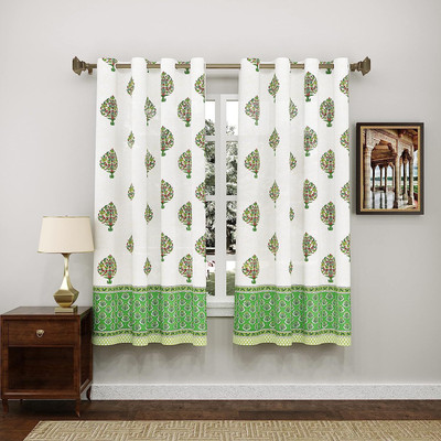 Blocks Of India 150 cm (5 ft) Window Cotton Semi Transparent Curtain (Pack Of 2)(White & Green, Printed)