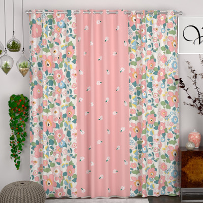 CHHAVI INDIA 213 cm (7 ft) Door Polycotton Semi Transparent Curtain (Pack Of 3)(Pink Flower, Printed)