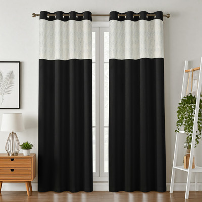 Home Stylish 274 cm (9 ft) Long Door Silk Blackout Curtain (Pack Of 2)(Black, Solid)