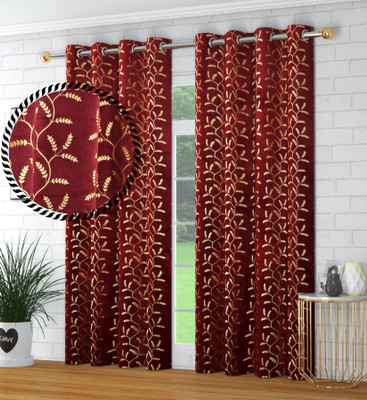 FabFabriX 213.36 cm (7 ft) Door Velvet Room Darkening Curtain (Pack Of 2)(Maroon, Printed)