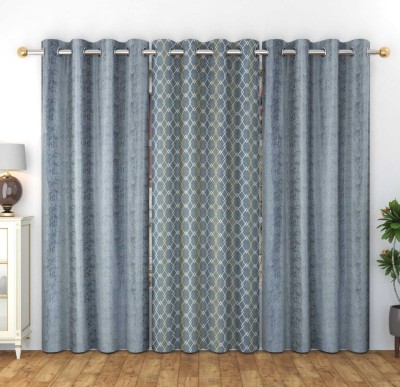 KNIT VIBES 275 cm (9 ft) Polyester Room Darkening Long Door Curtain (Pack Of 3)(Checkered, Sky Blue)