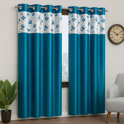 CoverCraze 151 cm (5 ft) Polyester Semi Transparent Window Curtain (Pack Of 2)(Printed, Deep Cyan, White)