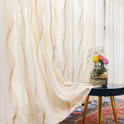 Urban Space 244 cm (8 ft) Long Door Polyester Semi Transparent Curtain (Pack Of 2)(Sheer Double Wave Butter Cream, 3D Printed)