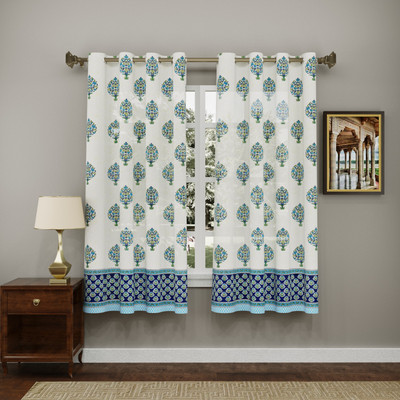 Blocks Of India 150 cm (5 ft) Window Cotton Semi Transparent Curtain (Pack Of 2)(White, Blue, Printed)