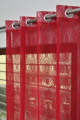 PICTAS 275 cm (9 ft) Net Semi Transparent Long Door Curtain Single Curtain(Floral, Maroon)