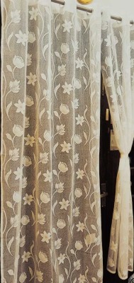 Flora Home Decora 274 cm (9 ft) Polyester Semi Transparent Long Door Curtain (Pack Of 2)(Floral, Cream)