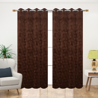 Impression Hut 214 cm (7 ft) Velvet Room Darkening Door Curtain (Pack Of 2)(Floral, Brown)